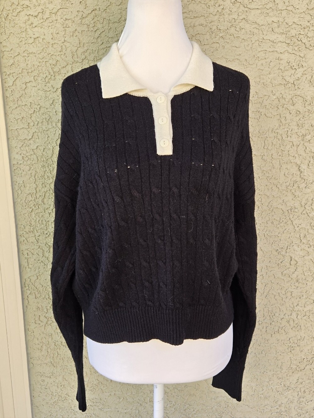 FCT Woth Love Cream-Collar Black Cable Knit Polo Sweater